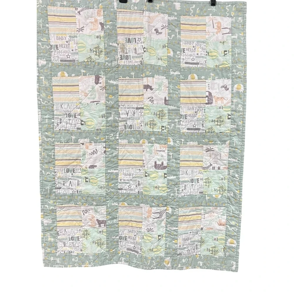 Vintage Baby Quilt 30x40 Safari Jungle Animals Sage Green Nursery Blanket